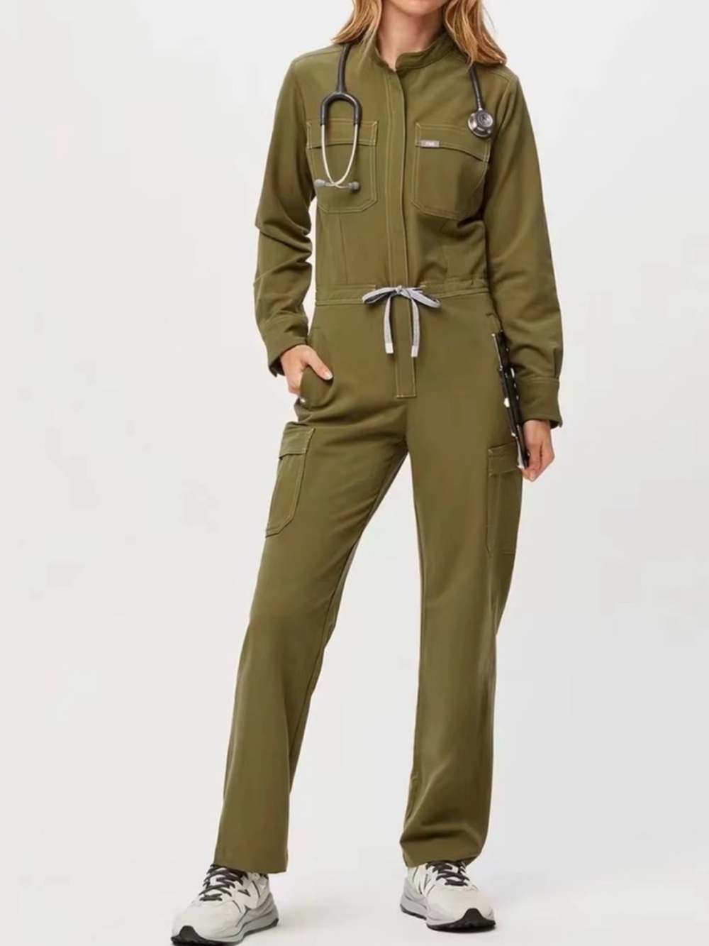 Figs Scrubs Olive Green Utility Jumpsuit with Drawstring Waist